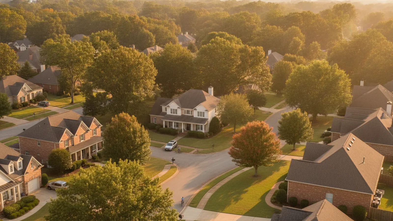 A leafy Carolina neighborhood of single-family homes at golden hour